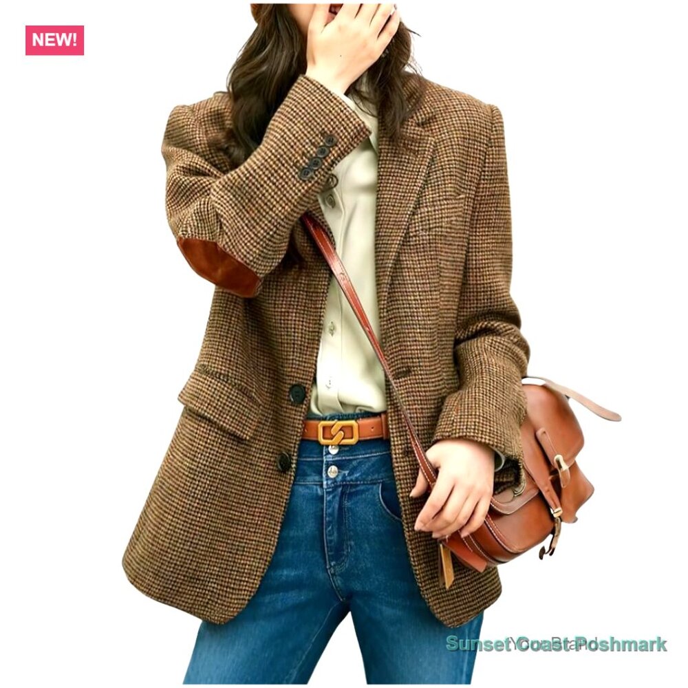 Wool Blend Blazer Jacket Single Breasted Plaid Business Casual Work Coat